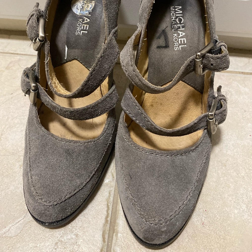 Gray suede heels